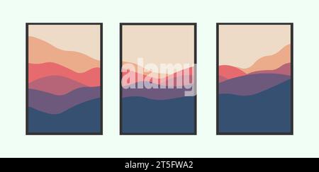 A set of minimalistic monochrome landscapes. Abstract mountains for a stylish background. Poster in trendy colors. Concept of travel, vacation and tou Stock Vector