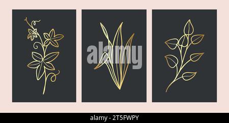 Set of tropical gold leaves. Outline Palm leaf and Olive Branch In a Modern Minimalist Style. Vector Illustration. For printing on t-shirt, Web Design Stock Vector