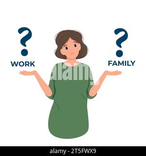 A girl in perplexity.The girl is puzzled and does not know the right answer and trying to choose between work and family. Problem solving and choice. Stock Vector