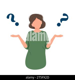 A girl in perplexity.The girl is puzzled and does not know the right answer. Problem solving and choice. A thoughtful character. The complexity of the Stock Vector