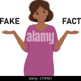 Black woman shrugging with a curious expression and trying to choose between  fake and fact, doubt or question, vector illustration in flat style Stock Vector