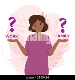 Black woman shrugging with a curious expression and trying to choose between work and family, doubt or question, vector illustration in flat style Stock Vector