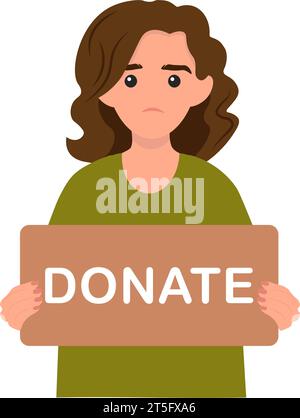 Donation and charity concept. Volunteer woman holding in hands cardboard sign Donate. Vector illustration Stock Vector