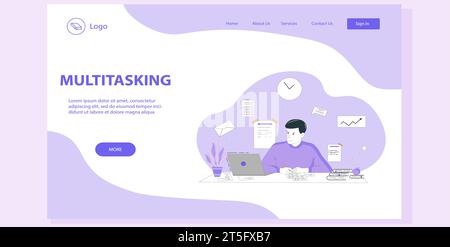 Business man is sitting at the table working with laptop. Multitasking and time management concept. Effective management. Customer multitasking landin Stock Vector