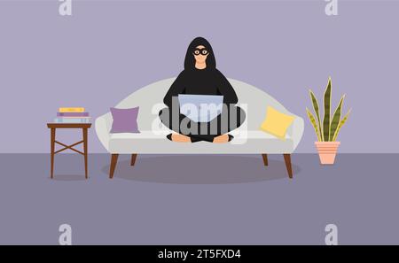 Hacker in a black mask with a computer. The cybercriminal is holding a laptop. Cyber attack, mobile phishing, scam. Vector flat illustration Stock Vector