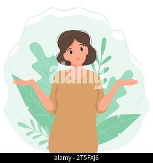 Woman shrugging with a curious expression, doubt or question, vector illustration in flat style Stock Vector