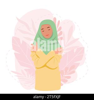 Self love concept, woman in hijab hugging herself. Isolated on white background. Vector illustration Stock Vector