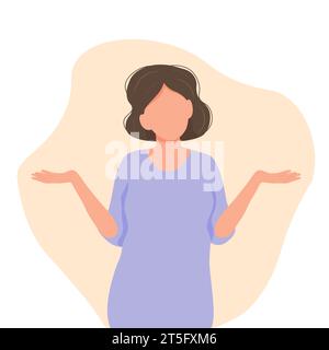 Woman shrugging with a curious expression, doubt or question, vector illustration in flat style Stock Vector