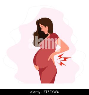 Worried Pregnant woman experiences backache discomfort. Spinal discomfort.Pregnant woman suffering from lower back pain. Pregnancy symptoms, motherhoo Stock Vector