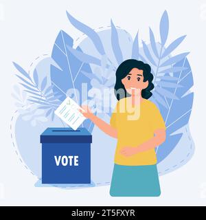 Woman putting vote into the ballot box. Election concept. Stock Vector