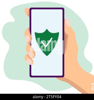 Vector drawing of a hand with a mobile phone. Antivirus software in the phone.Colored flat vector illustration. Stock Vector