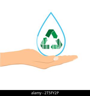 Conceptual image, help and care for recycling. Water drop with green triangular recycle symbol on an open palm. Vector illustration isolated on white Stock Vector