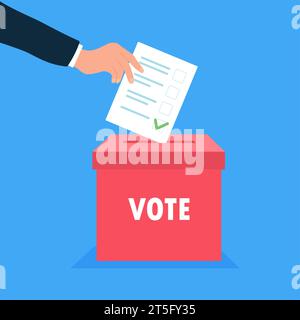 Hand puts vote bulletin into vote box. Election concept. Flat design vector illustration Stock Vector