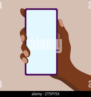 Hand holding smart phone with with blank blue screen isolated on white natural background for web and mobile application. Stock Vector