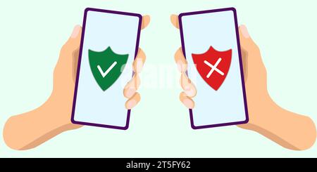 Human hand holding mobile phone. Smartphone antivirus protection. Colored flat vector illustration. Isolated on white background. Stock Vector