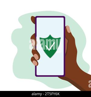 Vector drawing of a black hand with a mobile phone. Antivirus software in the phone.Colored flat vector illustration. Stock Vector