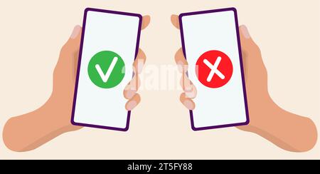 Check and cross mark on smartphone screen. Hand holding smart phone. Modern Flat design illustration Stock Vector