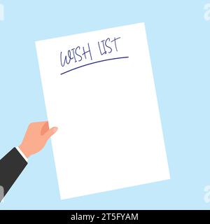 Piece of paper with wish list on blue background. Template Wish list for business. Man hand in suit holds piece of paper. Vector illustration in flat Stock Vector