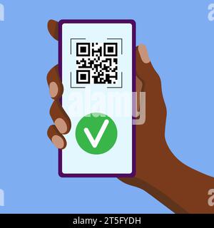 Reading with validation of a QR code label with a smartphone on a blue background (flat design) Stock Vector