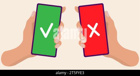 Check and cross mark on smartphone screen. Hand holding smart phone. Modern Flat design illustration Stock Vector