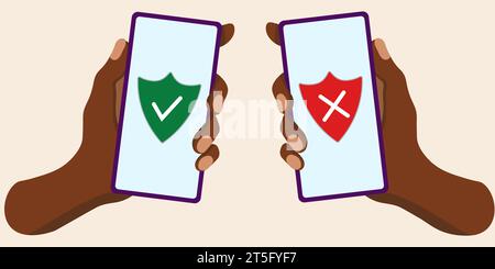 Human hand black holding mobile phone. Smartphone antivirus protection. Colored flat vector illustration. Isolated on white background. Stock Vector