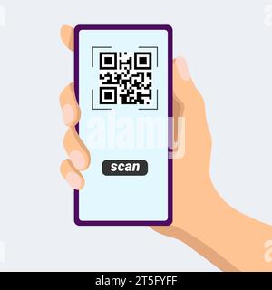 Phone scan icon. Phone in hand.Reading with validation of a QR code label with a smartphone (flat design) Stock Vector