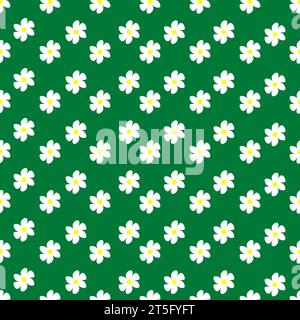 Chamomile floral seamless pattern on green background. Small summer flowers in simple cartoon doodle style perfect for textile, wallpaper, fabric.Vect Stock Vector