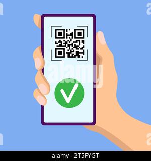 Reading with validation of a QR code label with a smartphone on a blue background (flat design) Stock Vector