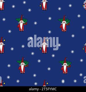 Christmas seamless pattern with gnomes, trees and snowflakes. Can be used for fabric, wrapping paper, scrapbooking, textile, poster, banner and other Stock Vector