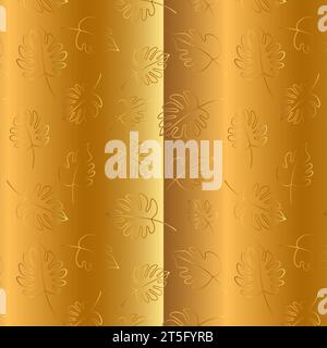 Minimal gold botanical art seamless pattern. Tropical monstera leaves silhouette and line art. Exotic leaf vector design. Hand drawn line art botany i Stock Vector