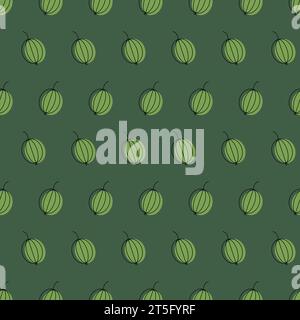 Pretty berries are scattered on the green background. Seamless pattern with a gooseberry in the doodle style. Drawn by ink. Polka dot texture. Stock Vector