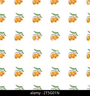 Sea buckthorn seamless pattern, vector illustration. Twigs with berries and leaves, background. Template with orange fresh berries for wallpaper, fabr Stock Vector