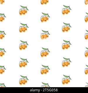 Sea buckthorn seamless pattern, vector illustration. Twigs with berries and leaves, background. Template with orange fresh berries for wallpaper, fabr Stock Vector