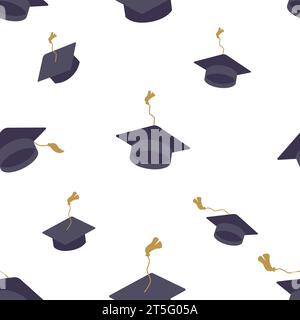 Graduation cap seamless pattern background icon. Higher education symbol pattern. Blue texture backdrop with tossing hats. Vector illustration Stock Vector