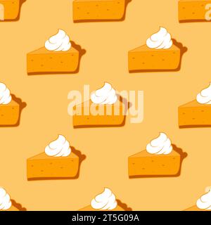 Pumpkin pie with cream seamless pattern.Drawing of pumpkin pie topped with whipped cream, traditional American Thanksgiving Day dessert.Vector illustr Stock Vector