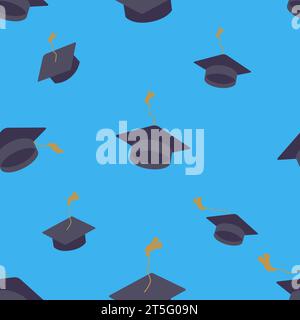 Graduation cap sign icon seamless background. Higher education symbol pattern. Blue texture backdrop with tossing hats. Vector illustration Stock Vector