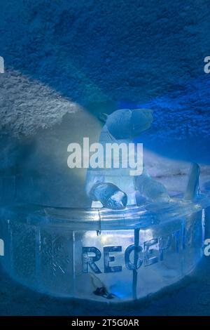 bear at reception ice sculpture inside the Kirkenes Snowhotel Ice Hotel at Kirkenes, Finnmark, Norway, Scandinavia in October Stock Photo