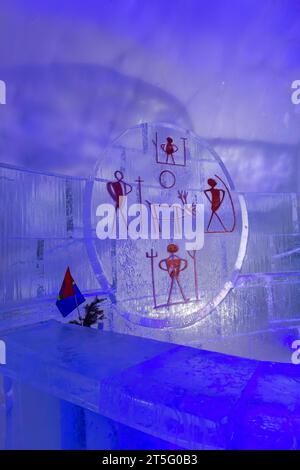 ice sculpture on the wall of the Kirkenes Ice Hotel bar inside the Kirkenes Snowhotel Ice Hotel at Kirkenes, Finnmark, Norway, Scandinavia in October Stock Photo