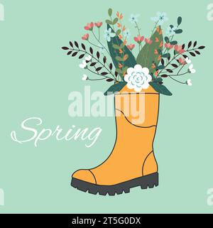 Cute bouquet in yellow rubber boots. Gardening boot with flowers. Spring Concept. Vector Illustration. Stock Vector