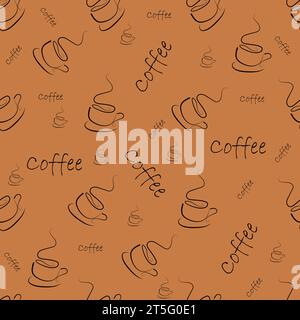 Vector coffee cup seamless pattern. Abstract line backdrop illustration with handwritten lettering. Wallpaper, background, fabric, textile, print, wra Stock Vector