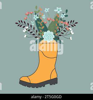 Cute bouquet in yellow rubber boots. Gardening boot with flowers. Spring Concept. Vector Illustration. Stock Vector