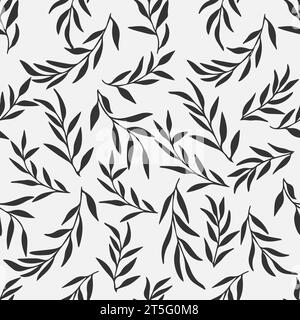 Silhouettes of leaves olive seamless pattern. Vector hand drawn illustration in doodle style. Isolated black branches on a white background. Stock Vector