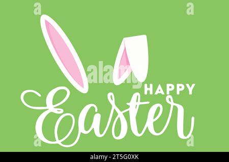 Happy Easter text lettering with bunny illustration isolated on white background. Usable for greeting card, banner, and background. Stock Vector
