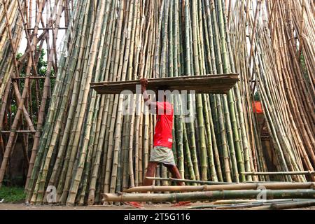 Dhaka, Dhaka, Bangladesh. 5th Nov, 2023. A worker carries bamboo at the bamboo market in Demra, Dhaka. (Credit Image: © Syed Mahabubul Kader/ZUMA Press Wire) EDITORIAL USAGE ONLY! Not for Commercial USAGE! Stock Photo