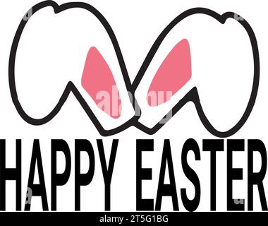 Happy Easter text lettering with bunny illustration isolated on white background. Usable for greeting card, banner, and background. Stock Vector