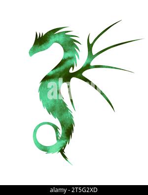 Green dragon year 2024, hand drawn watercolor dragon silhouette. Vector illustration Stock Vector
