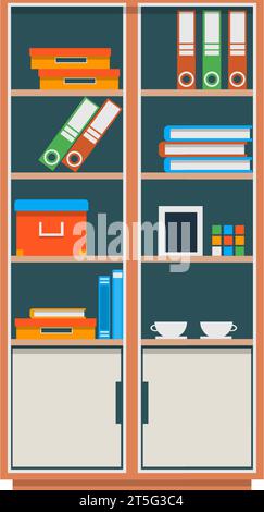 Office furniture vector icon. Flat shelves rack with paper document, book and coffee cup isolated on white background Stock Vector