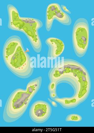 Aerial eye view on different islands in water surface of ocean Stock Vector