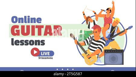 Online guitar lessons live streaming landing page design template Stock Vector