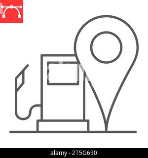 Gas station location line icon, navigation and map, gas station with pin vector icon, vector graphics, editable stroke outline sign, eps 10. Stock Vector
